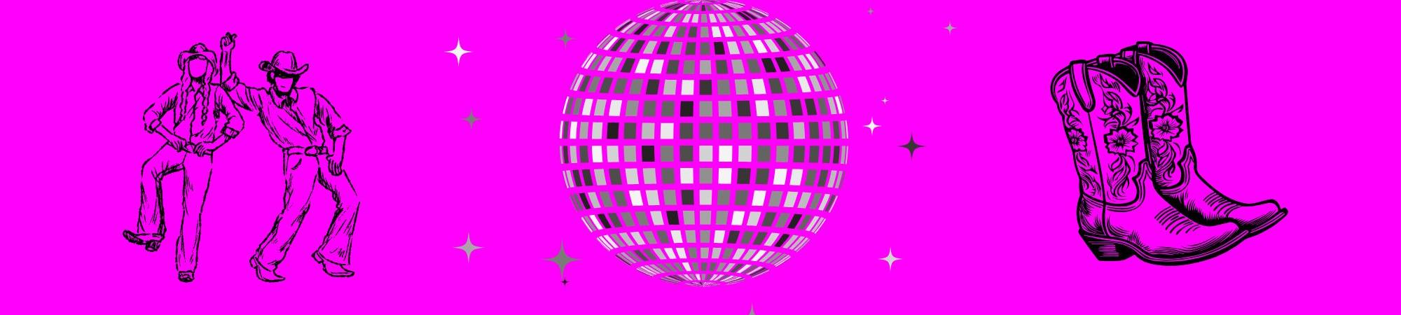 pink background with cowboy and cowgirl dancing and glitter ball